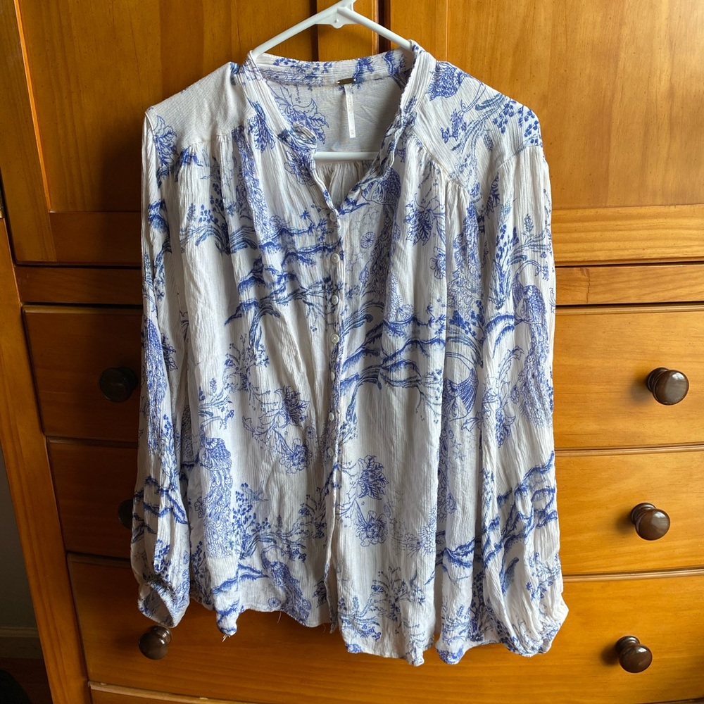 free people printed button down